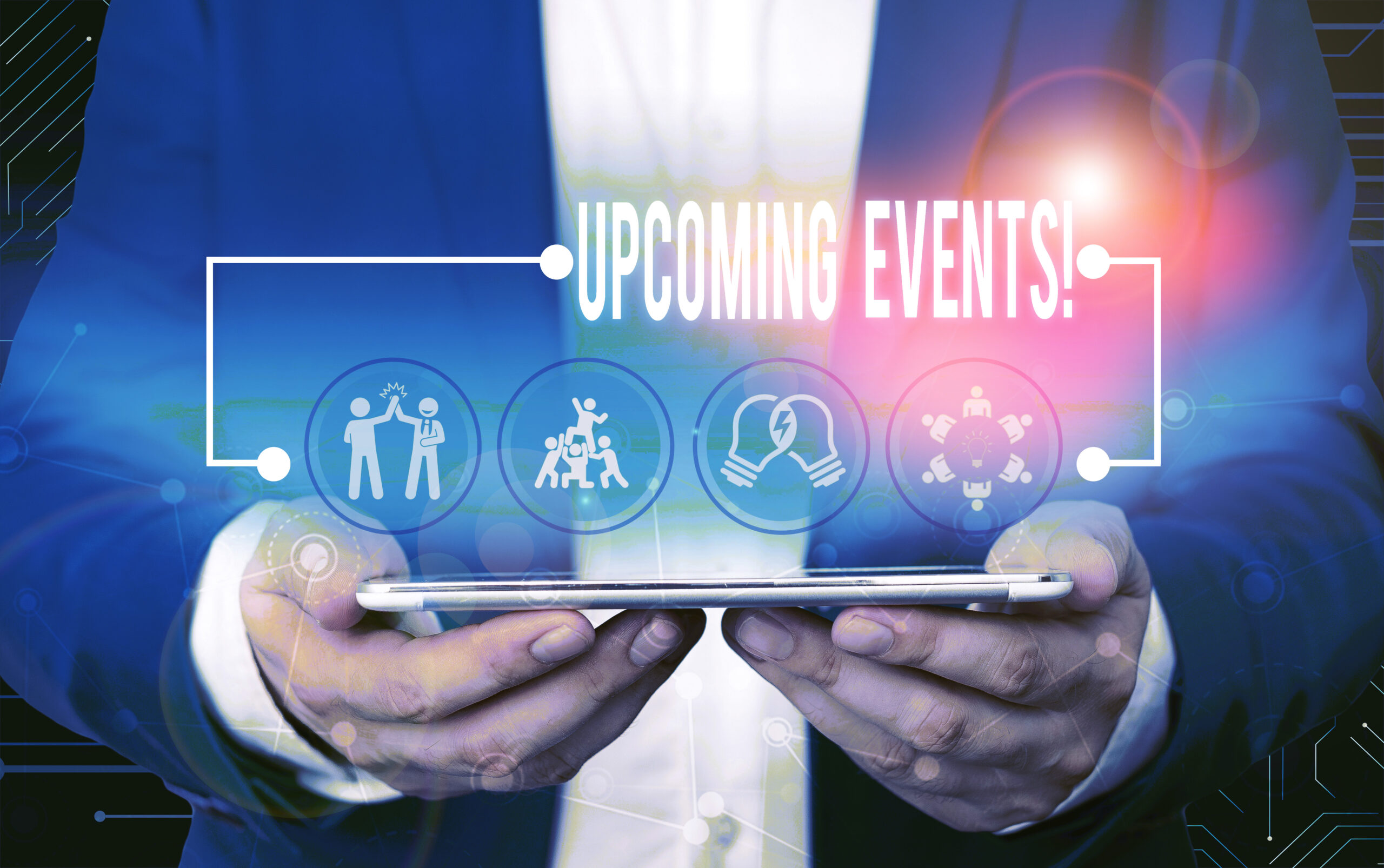 Text sign showing Upcoming Events. Business photo text thing that will happens or takes place soon planned occasion Male human wear formal work suit presenting presentation using smart device