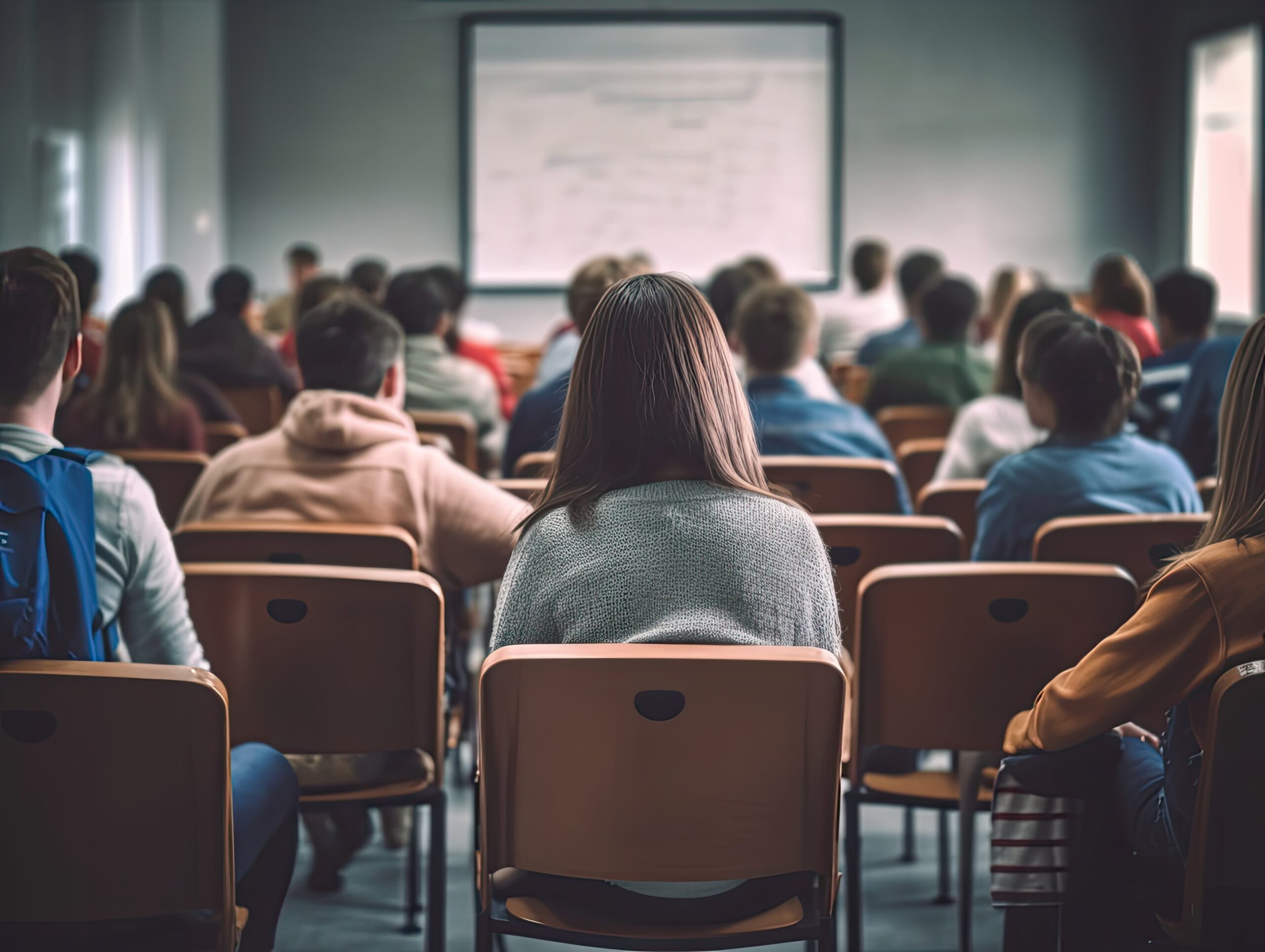 rear view of many college students sitting in classroom