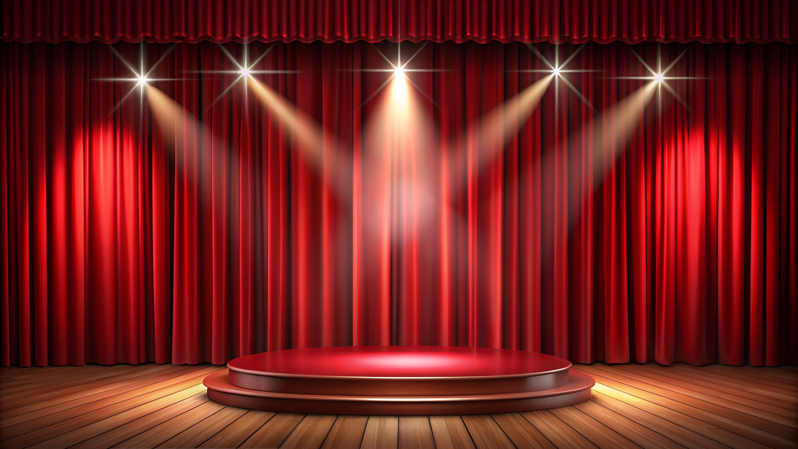 Stage with red curtains and spotlight