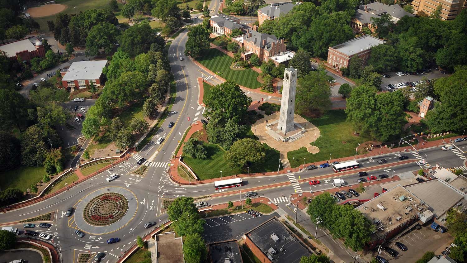 aerial view of Memorial Belltower and Hillsborough Street