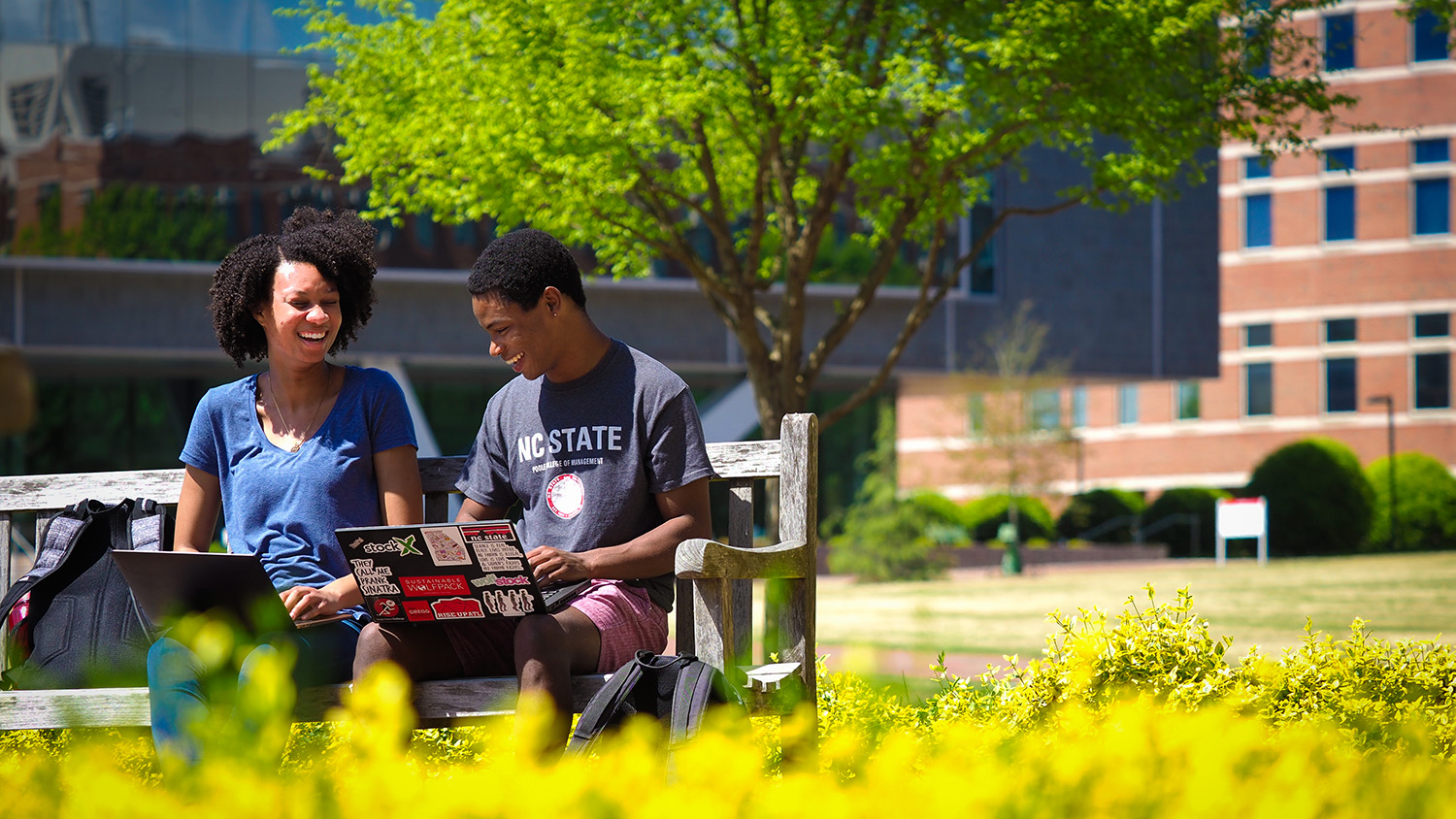undergraduate students sitting on a bench