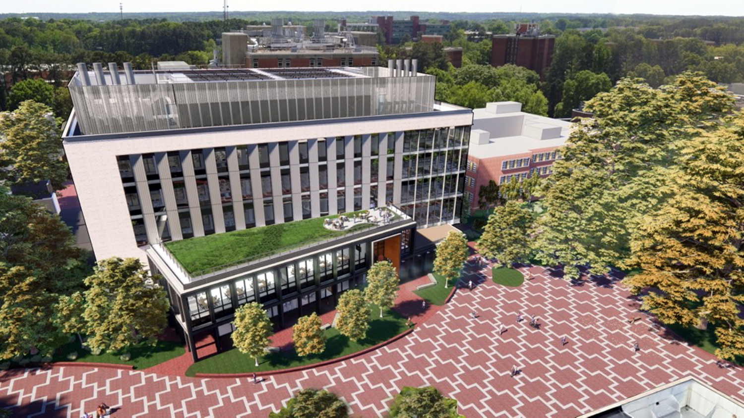 A render of the proposed NC State Integrative Sciences Building, situated on the Brickyard.