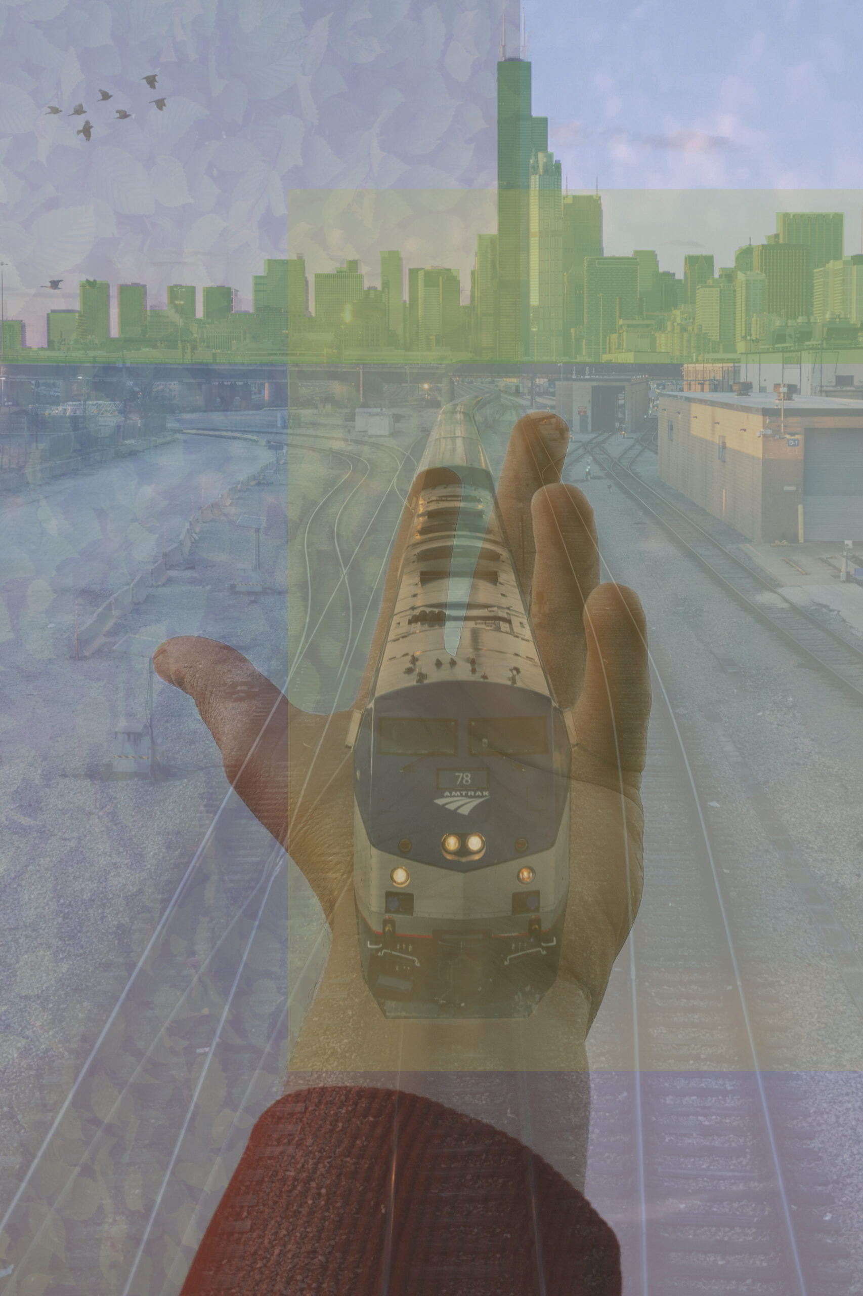 Collage depicting a hand holding a train extending toward a cityscape.