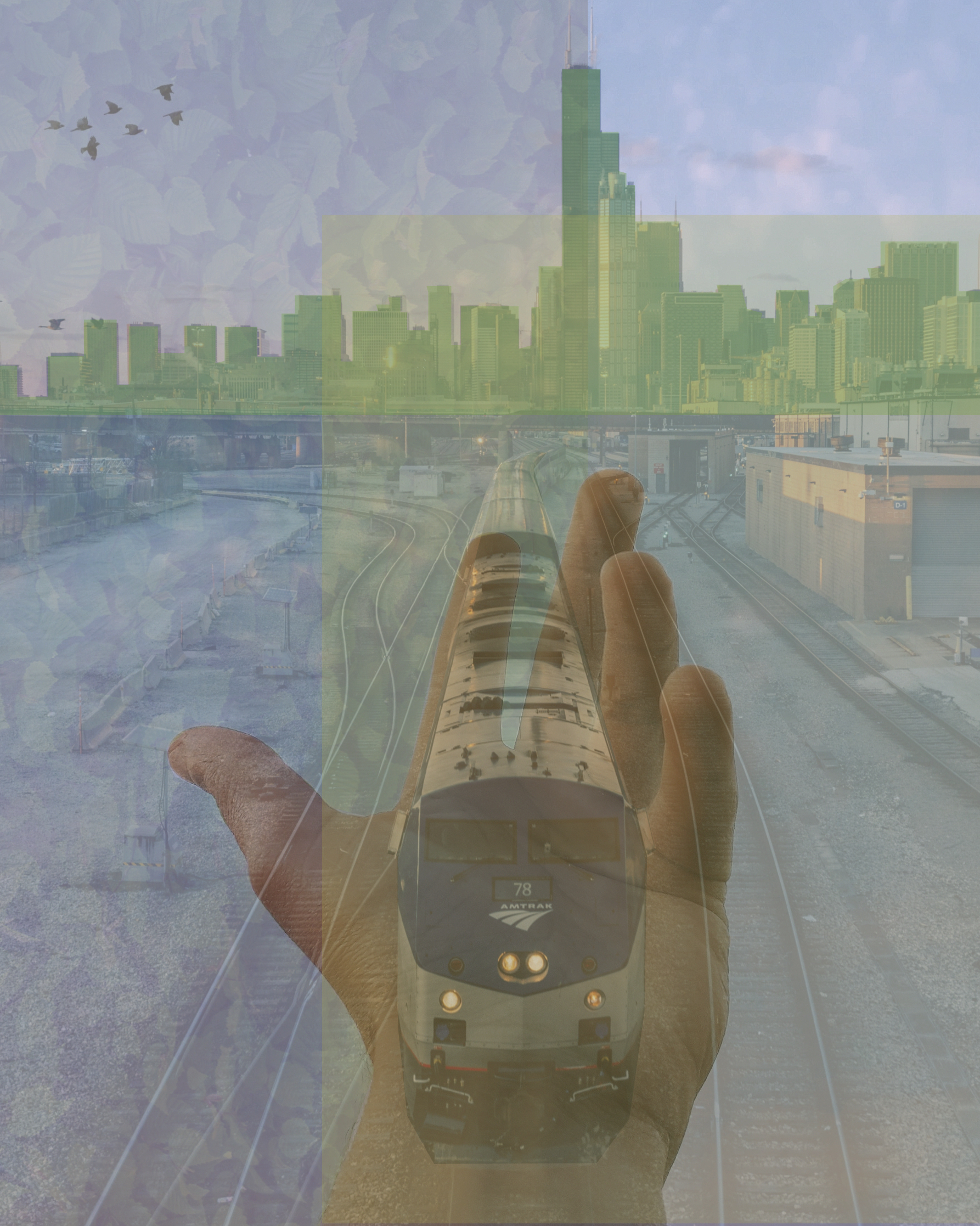 Collage depicting a hand holding a train extending toward a cityscape.