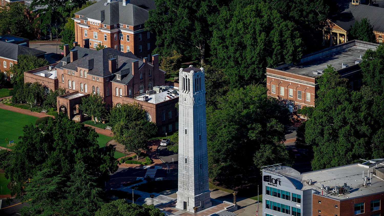 The Belltower stands in front of Holladay Hall.