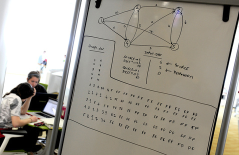 white board with numbers and diagrams in black ink