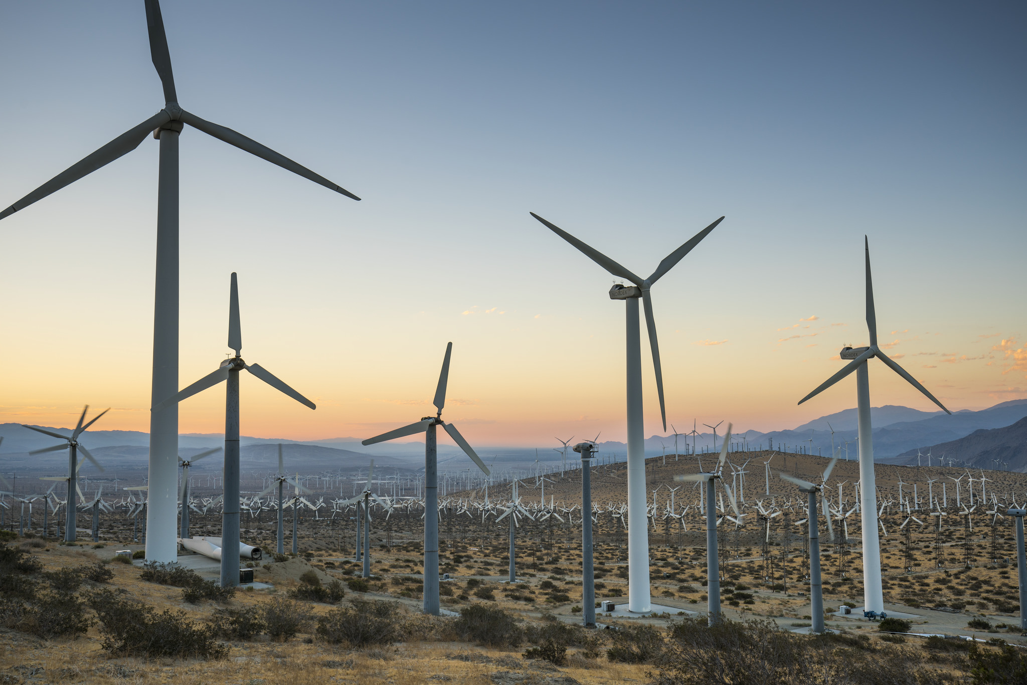 field of wind turbines in the desert