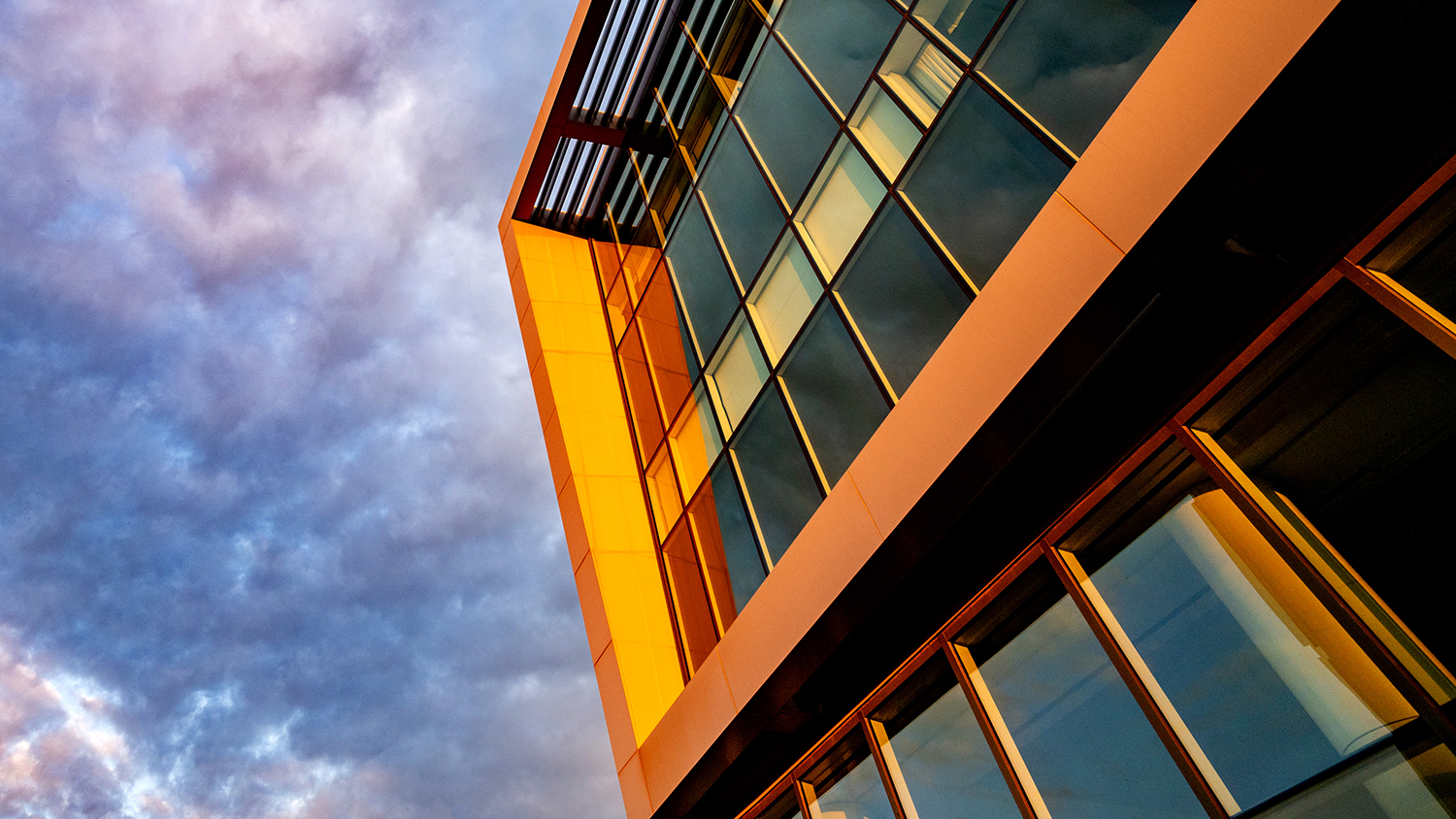 The sun sets on a warm summer evening on Centennial Campus at the Hunt Library.