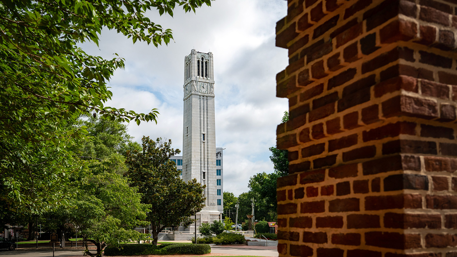The Memorial Belltower, framed by Holladay Hall