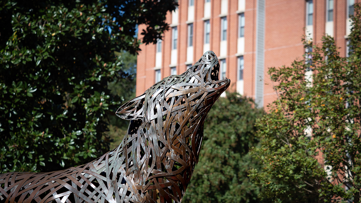 The Wolf Plaza copper wolves howl in front of the Tri-Tower dormitories on a fall day.