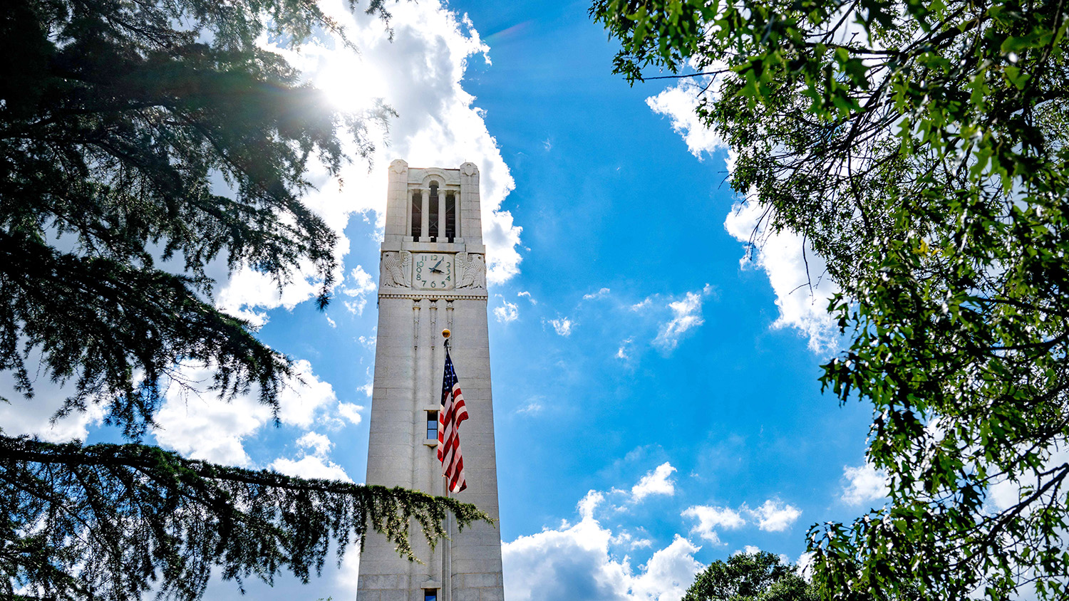 NC State Memorial Belltower on a sunny late summer day